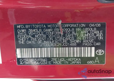2009 Toyota Corolla Le/S/Xle from USA, damaged, VIN JTDBL40E29J021488
